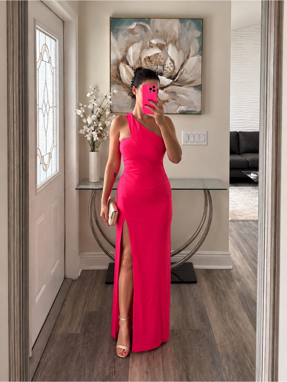 Aidan Mattox One Shoulder Crepe Cutout Gown Hot Pink Fuchsia Size 6